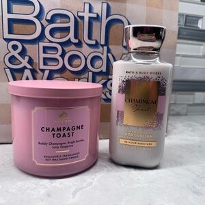Set of 2 Bath & Body Works Champagne Toast 3-Wick Candle & Body Cream